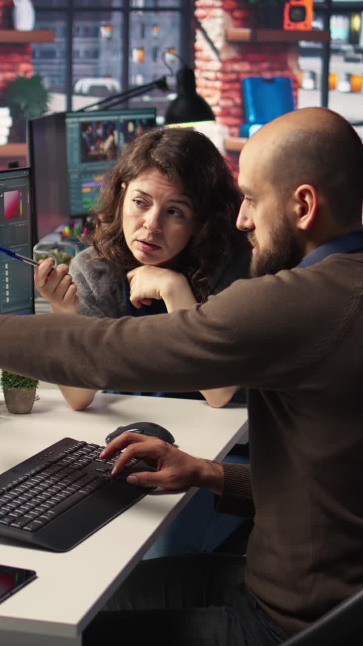 Vertical Video Professional photo editor interacts with AI chatbot and retouching software