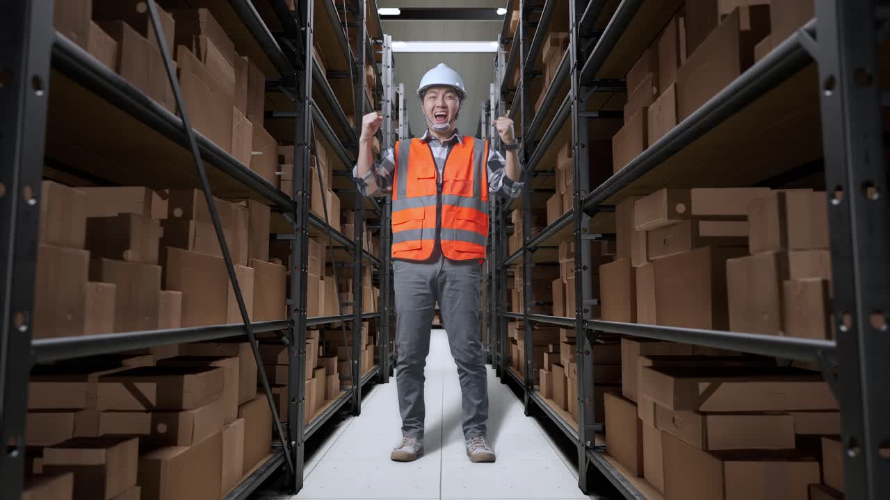 cuerpo lleno de ingeniero masculino asiático con casco de seguridad de pie y gritando meta celebrando trabajando en el almacén con estantes llenos de mercancías de entrega