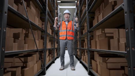cuerpo lleno de ingeniero masculino asiático con casco de seguridad de pie y gritando meta celebrando trabajando en el almacén con estantes llenos de mercancías de entrega