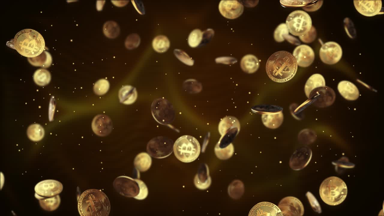 Golden coins bitcoin falling down green screen loop animation background 3d 4k cryptocurrency online