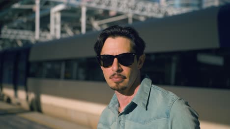 man traveler on railway train station platform in seoul - close-up, slow motion