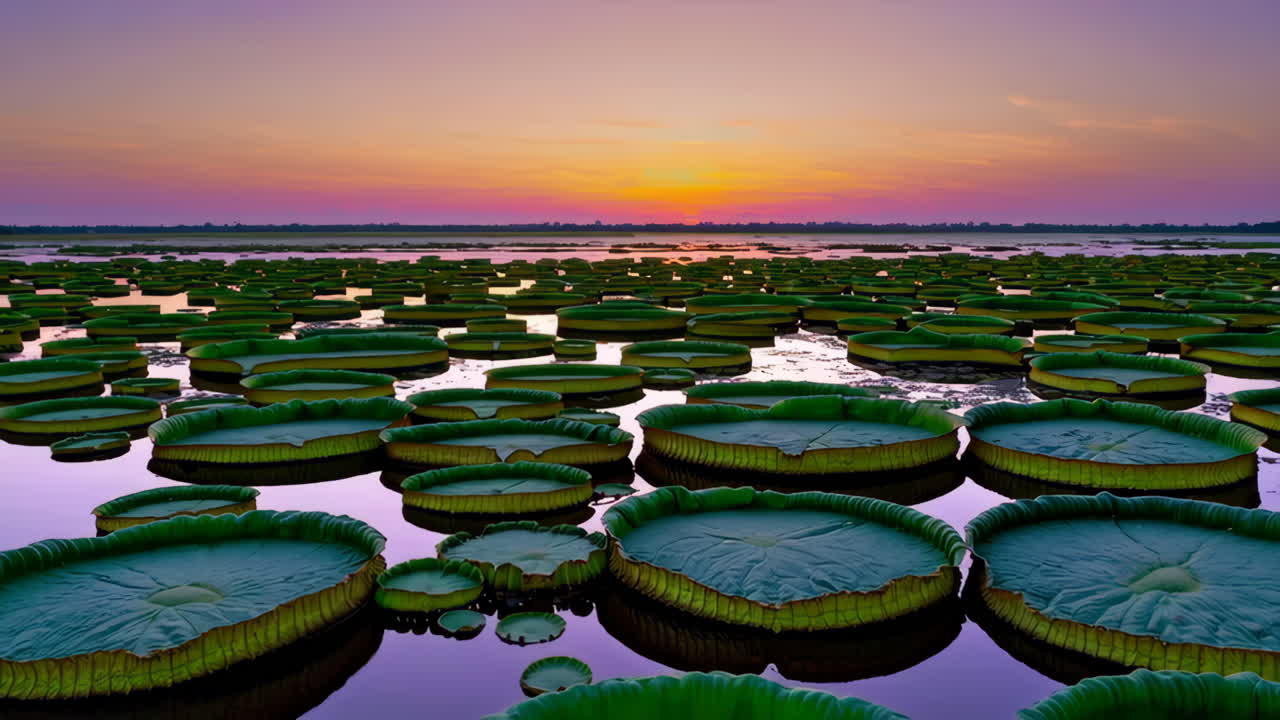 Vast Field of Giant Water Lilies at Sunset