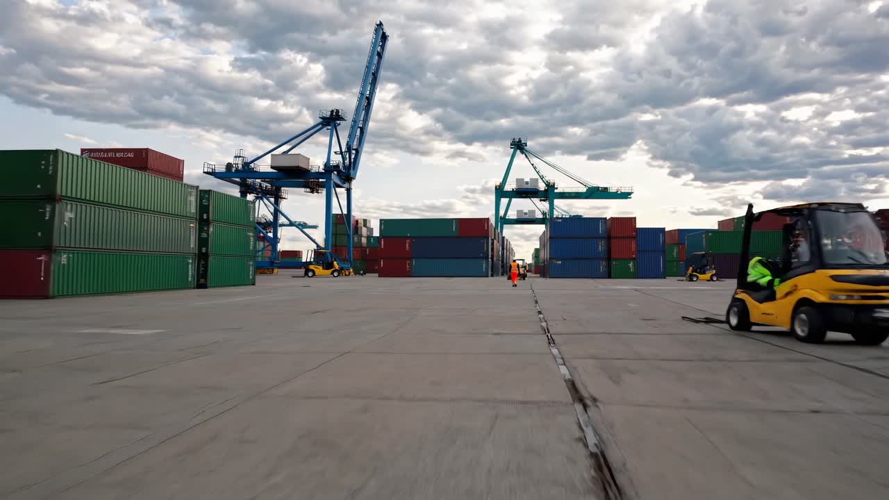 Wide-angle shot of a bustling shipping port with stacked containers and cranes