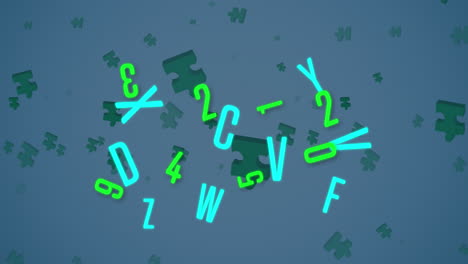 animation of green puzzle pieces and letters falling over blue background