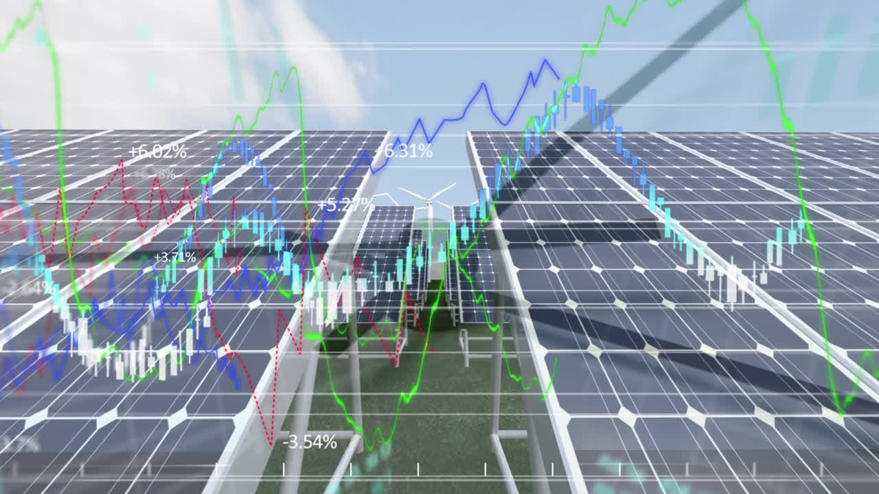 풍력 터빈 회전, 태양 패널, 시계 이동 및 증권 거래소 그래프의 애니메이션