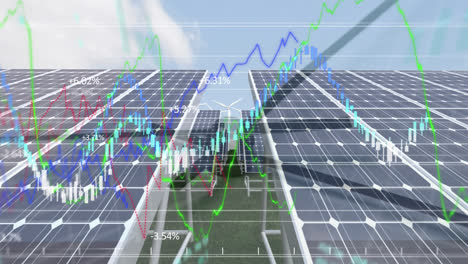 animación de turbinas eólicas girando, paneles solares, relojes en movimiento y gráficos de la bolsa de valores