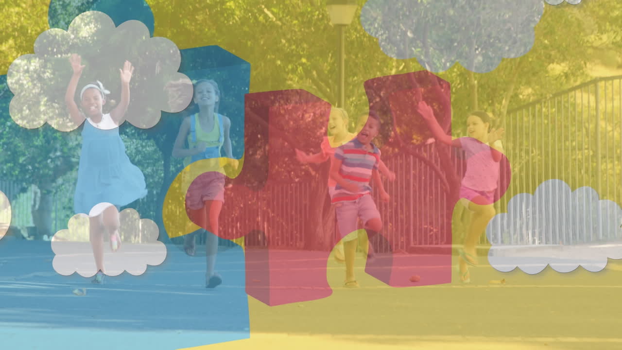 다양한 학교 아이들 위에 구름 아이콘을 가진 퍼즐 조각의 애니메이션.