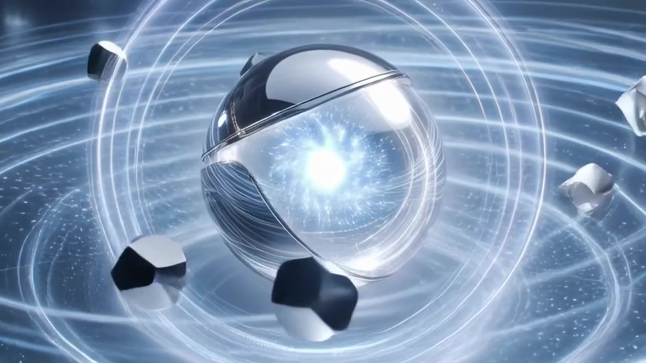 Abstract 3D Animation of a Glowing Metallic Sphere with Orbiting Geometric Shapes