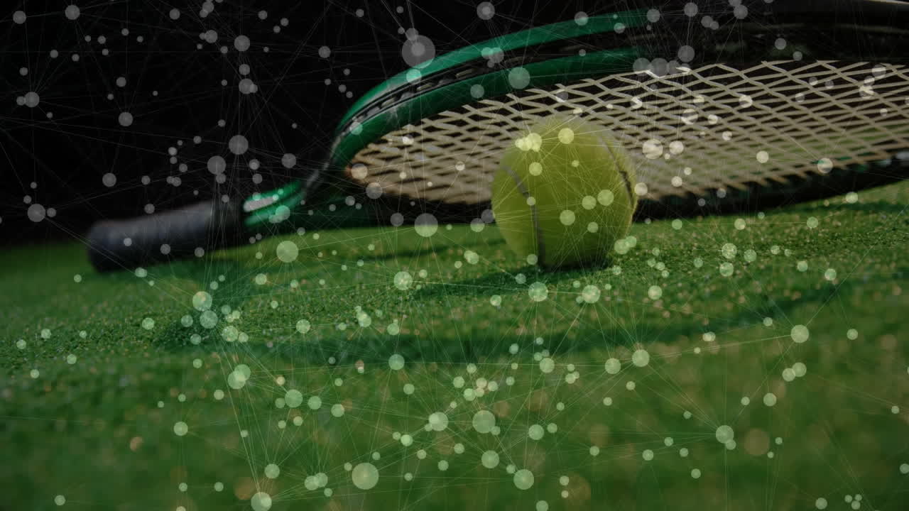 Tennis racket and ball resting against strings on grass court, nodes floating in 3D render