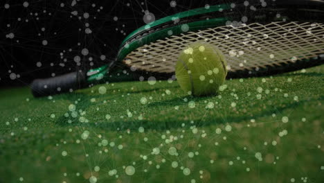 Tennis racket and ball resting against strings on grass court, nodes floating in 3D render
