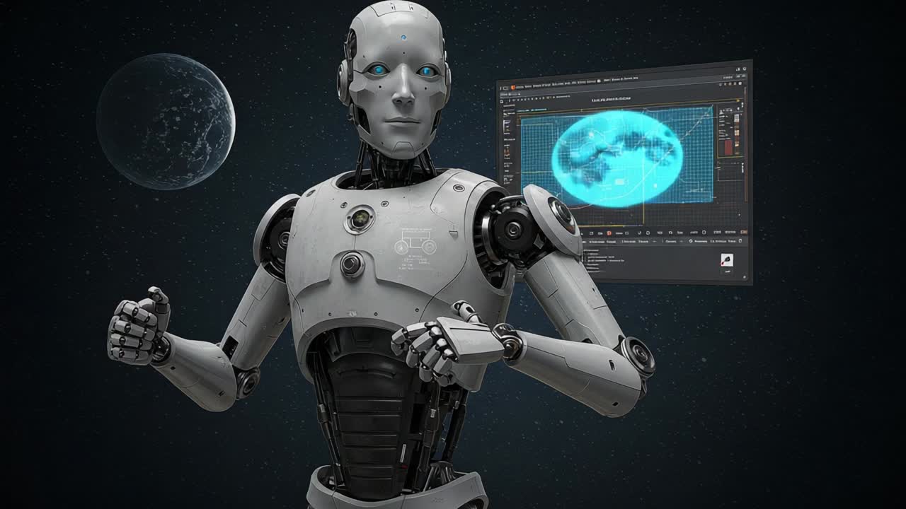 A futuristic robot stands poised against a cosmic backdrop, seamlessly integrating technology and space exploration, showcasing advanced data analysis and automation