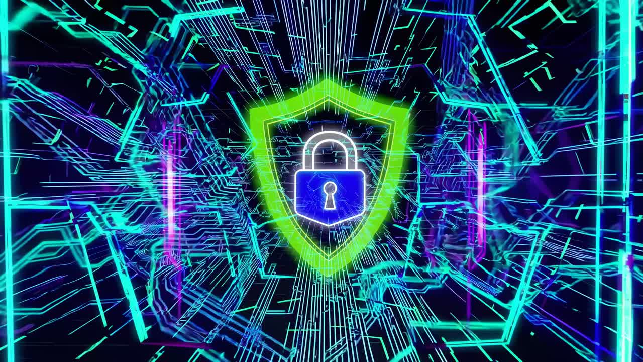 Futuristic digital tunnel with neon blue and purple lines, viewed from a first-person perspective