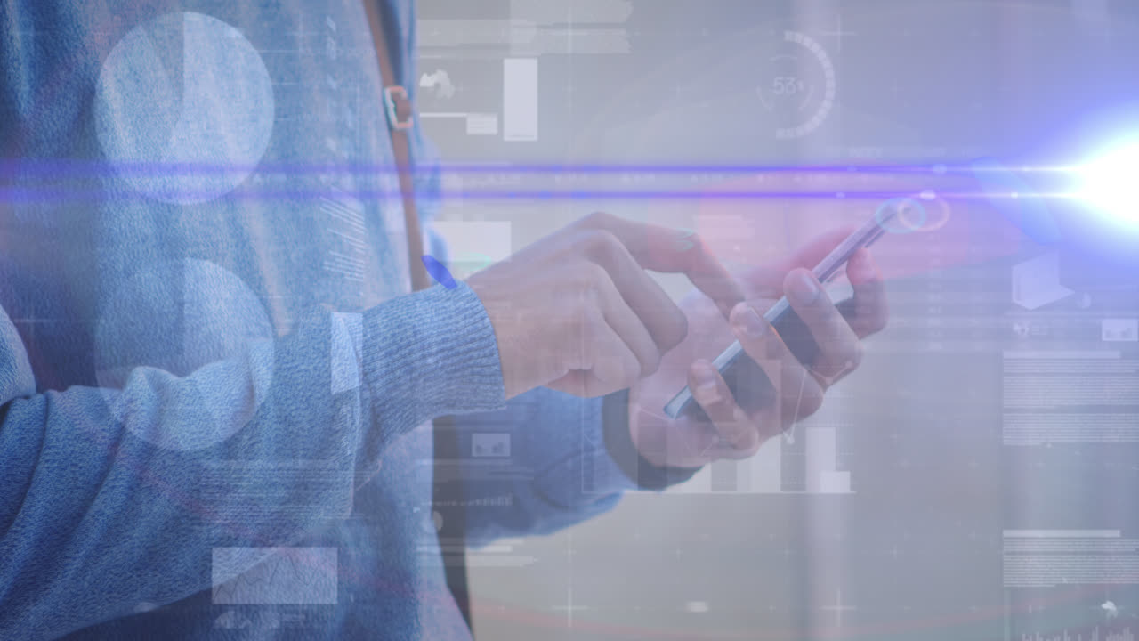 animación de gráficos sobre las manos de un hombre caucásico usando un teléfono inteligente