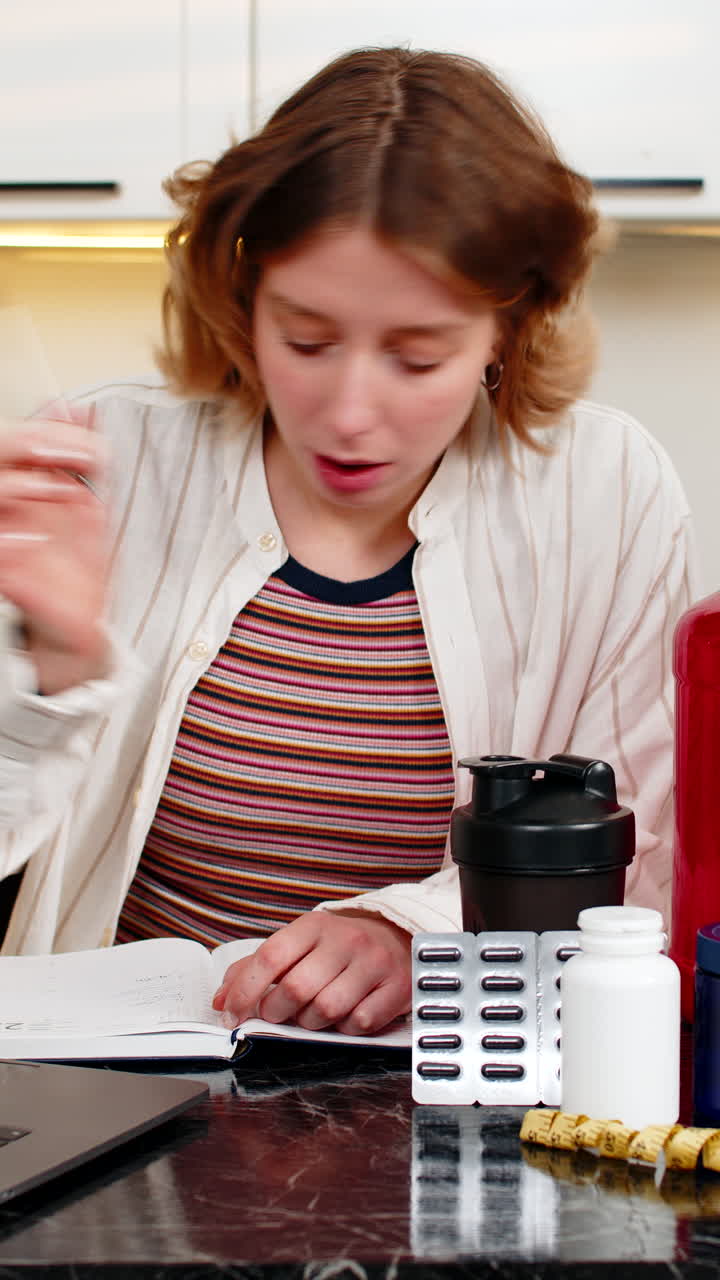 Jovem mulher escrevendo lista de suplementos fitness no caderno para plano de dieta e nutrição saudável para o treino.