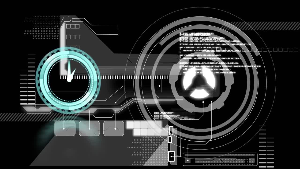 Animation of clock moving and data processing on black background