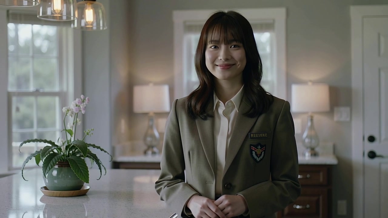 Smiling woman wearing blazer with crest posing while camera tightening at kitchen island