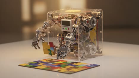 a robotic puzzle solver engages with colorful pieces: exploring the intersection of technology and cognitive challenges through automated mechanics