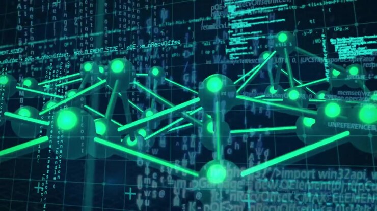 Animazione di rete di connessioni ed elaborazione dati su sfondo nero