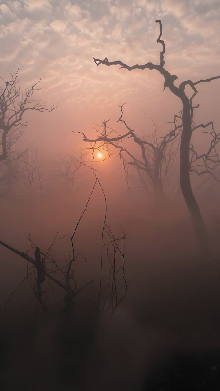 Vertical video: Stepping forward child figure responding to sunset in foggy marsh with trees