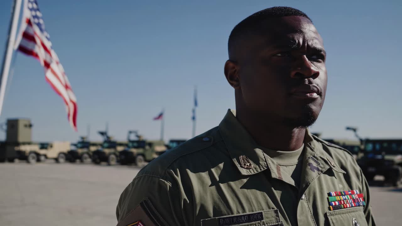 A low-angle video still of a soldier in uniform, with military vehicles and flags in the background
