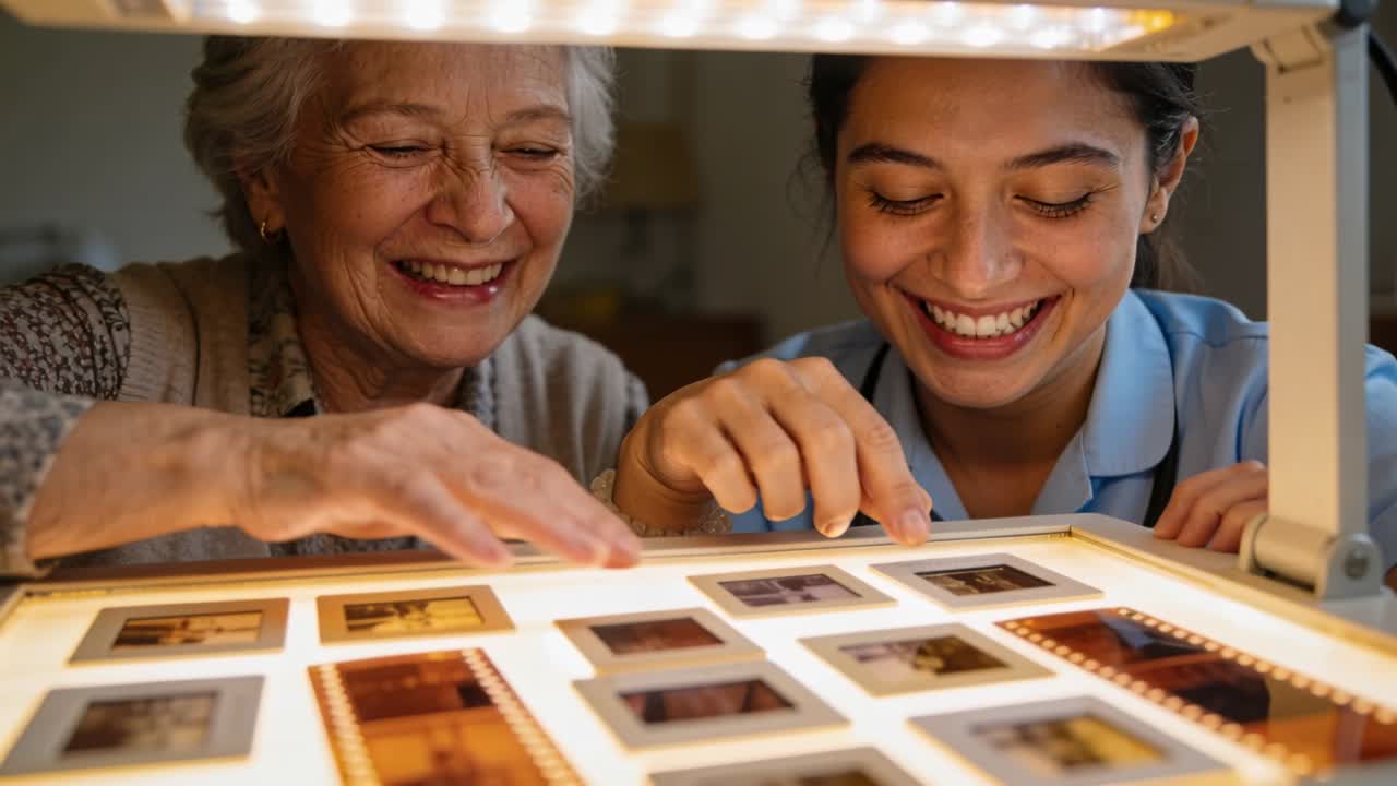 Granddaughter and Senior examining light table at home after placing slides, reminiscing