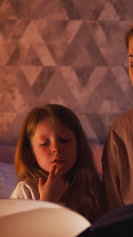 Cute little girl listens attentively to young mother reading interesting book to get child to bed at gentle night lamp light in semidark children room slow motion