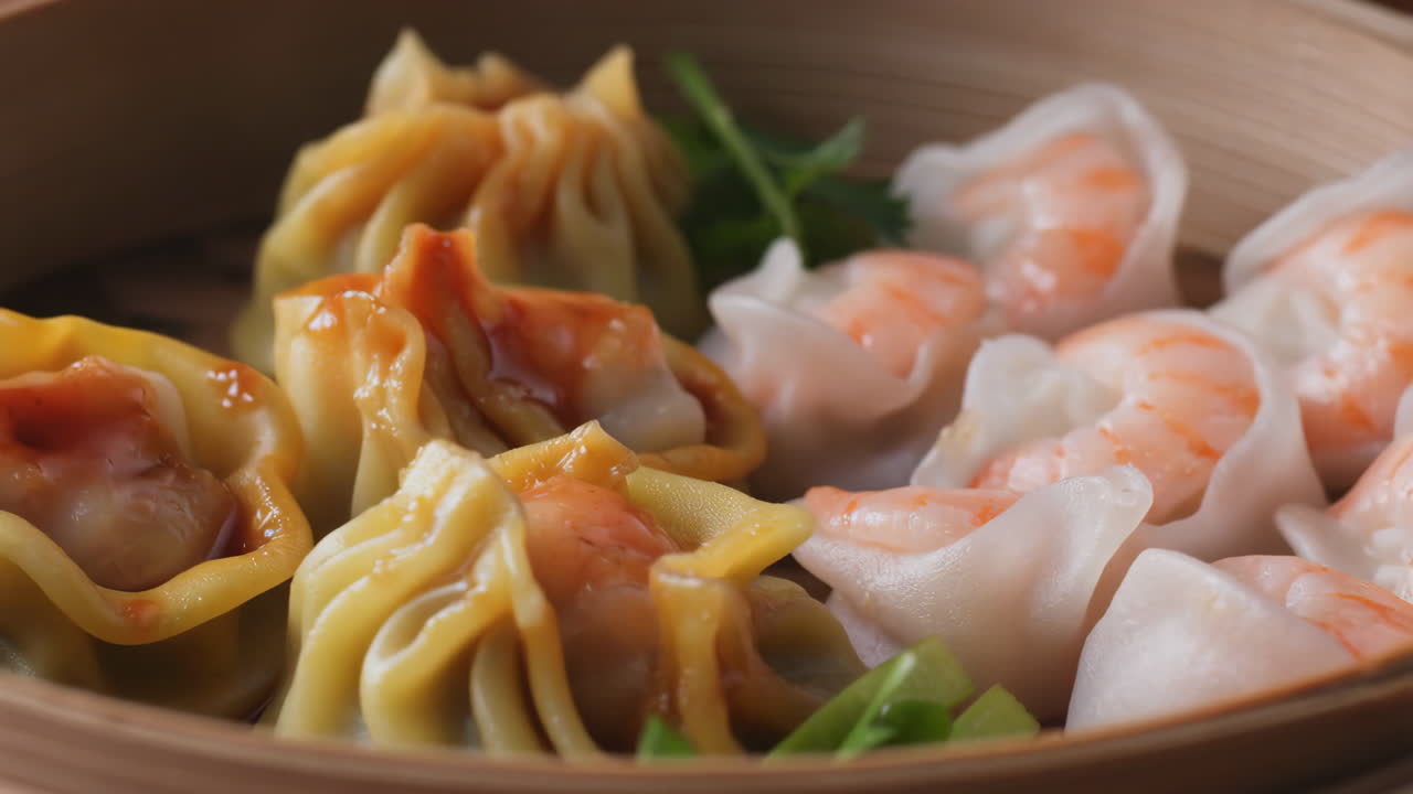 Close-up of Steamed Dim Sum Assortment including Siu Mai and Har Gow