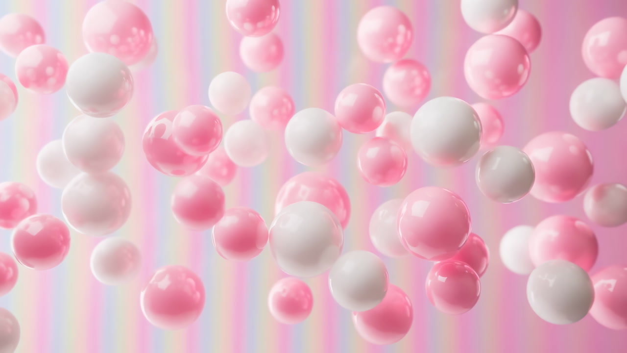 Pastel Pink Spheres Float Over Stripes, Glossy White And Pink Orbs Bounce Gently With Soft Studio Lighting,