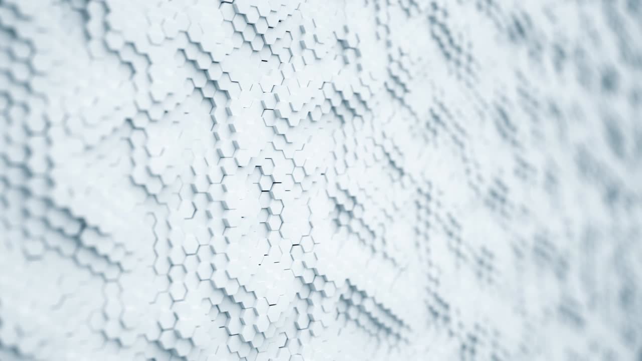 Abstract white minimalistic background made of plastic hexagons with shallow depth of field. Light minimal hexagonal grid pattern animation in modern clean white. Seamless loop 3d render