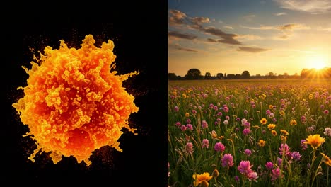 a dramatic contrast: vibrant explosion of abstract yellow element alongside a serene sunset over a colorful flower field captured in two distinct frames