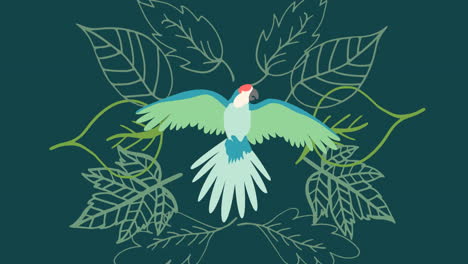 animation of parrot over leaves on green background