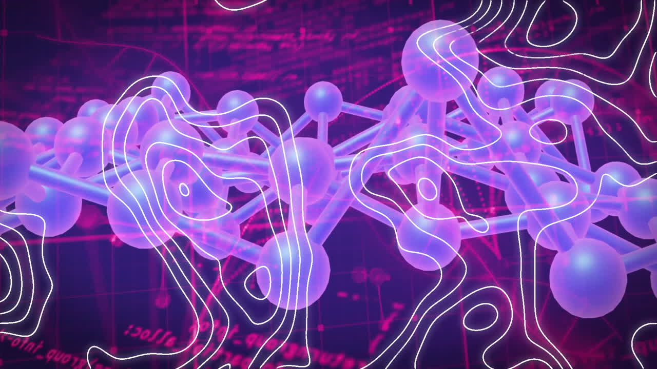 Animation of molecular structure with glowing lines and spheres over scientific data