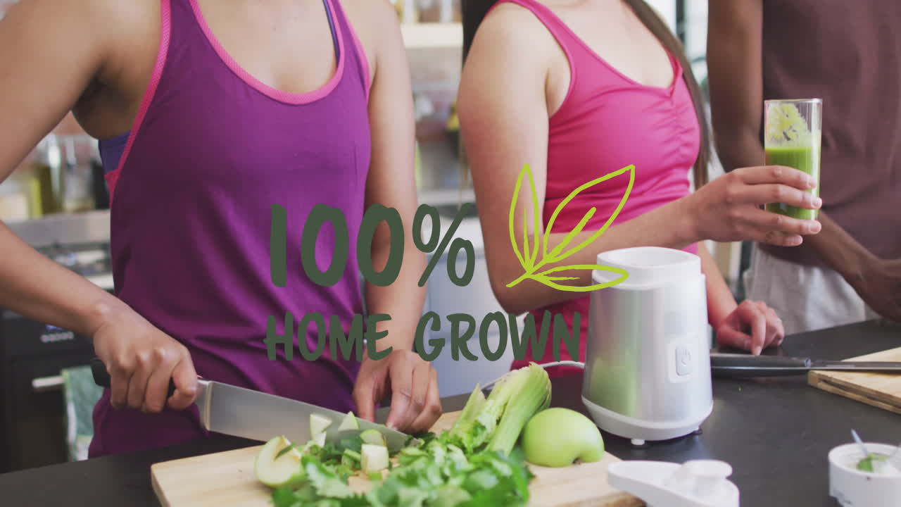 다양한 친구들이 채소 스무디를 만드는 채식주의 음식 텍스트의 애니메이션