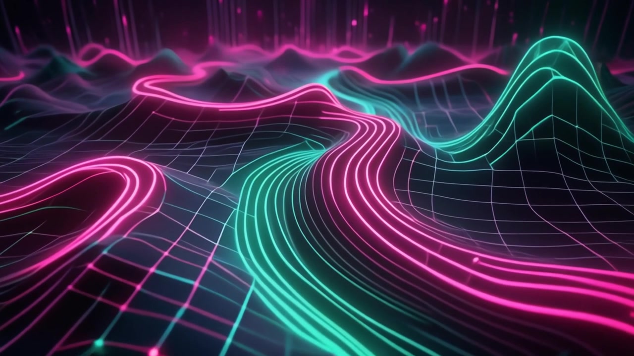 Abstract Digital Landscape with Neon Glowing Contours and Grid