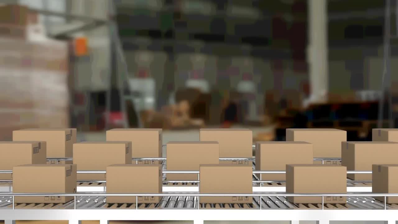 анимация картонных коробок на конвейерных лентах на складе