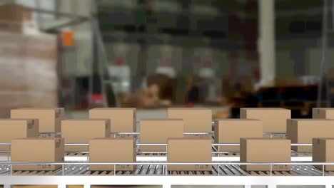 animación de cajas de cartón en cintas transportadoras en el almacén