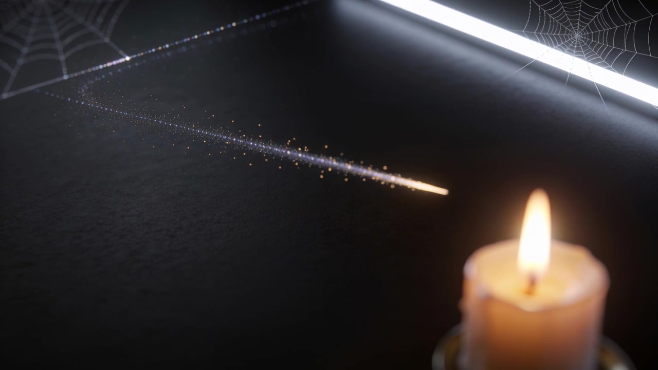 Glowing Particle Trail Moving Toward a Burning Candle