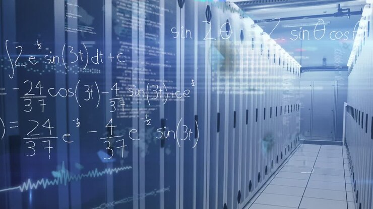 Animation of mathematical equations, infographic interface and lens flare over server room