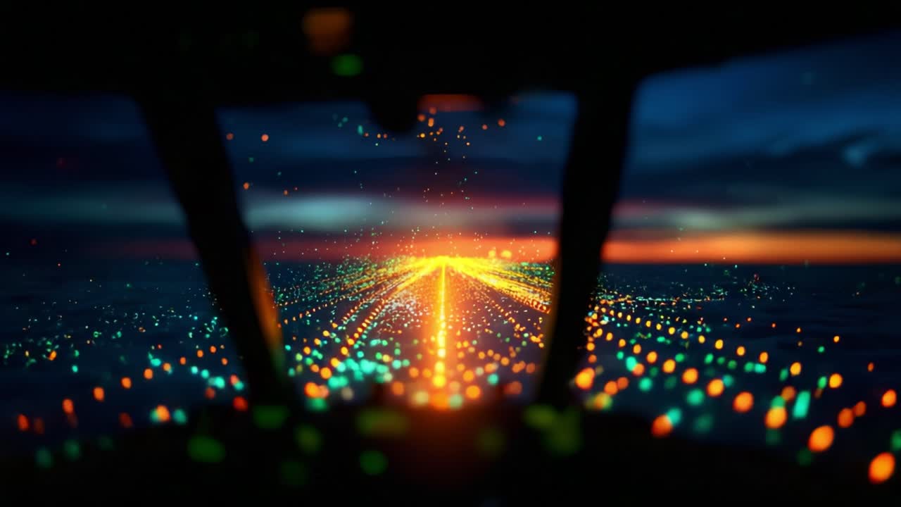 Captivating View from the Cockpit: Vibrant Lights Leading to a Dazzling Horizon During a Stunning Sunset Over a Dynamic Landscape in an Immersive Flight Experience