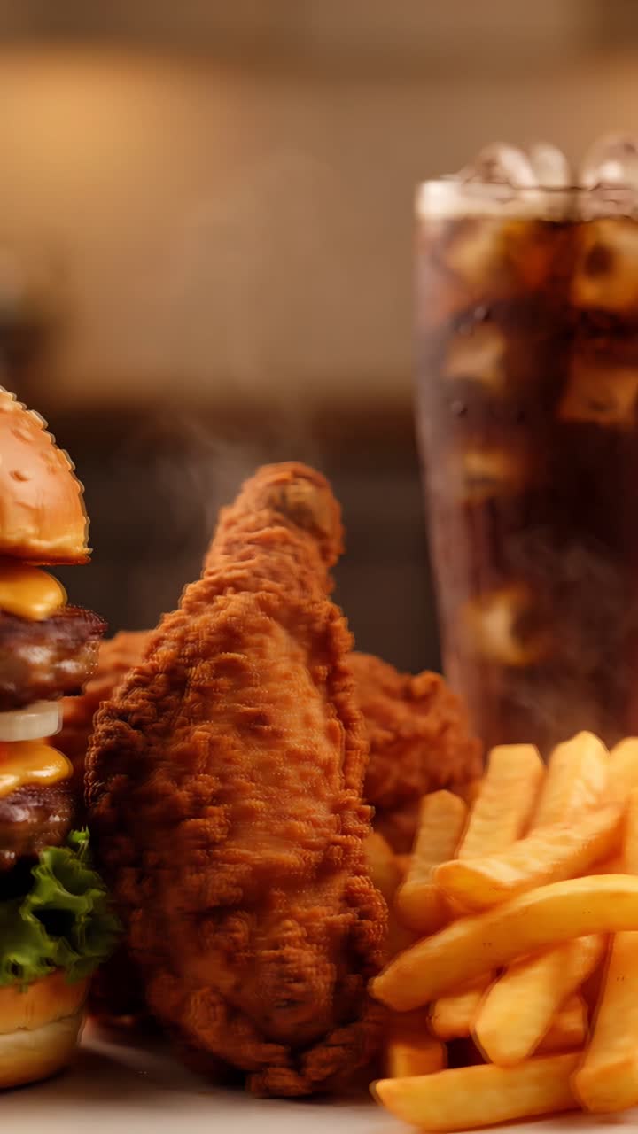 Hambúrguer 4K Fast Food com Frango Frito Crocante e Batatas Fritas Fundo Cinematográfico