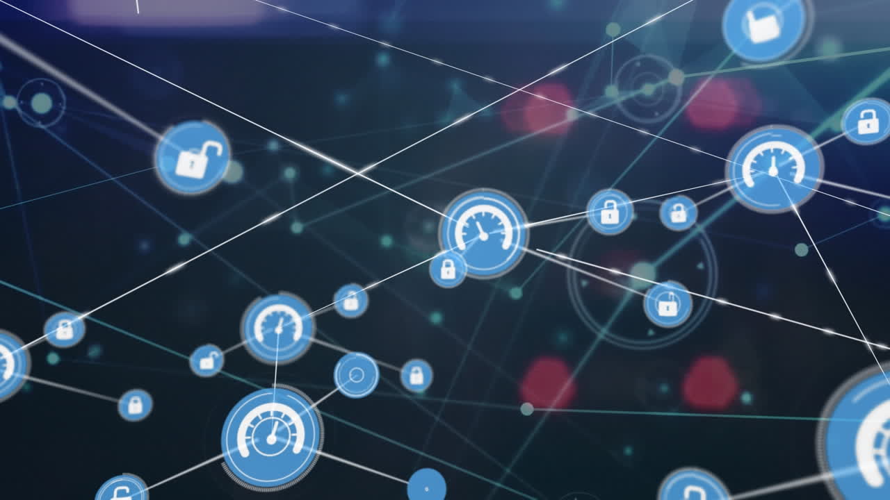 Animation of connected icons with lens flares and connected dots over black background