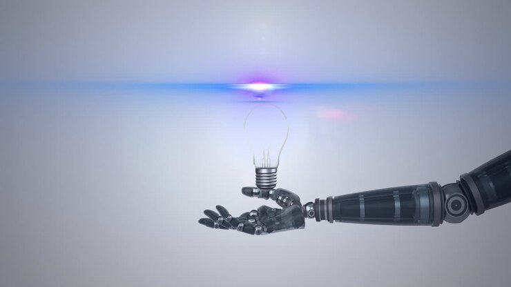 Animation of illuminated light bulb over hand of robot arm, with blue light on grey background