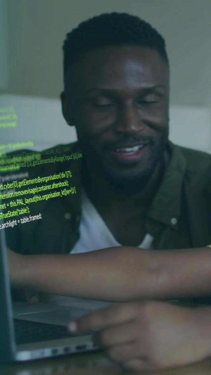Animation of data processing over happy african american father and son using laptop