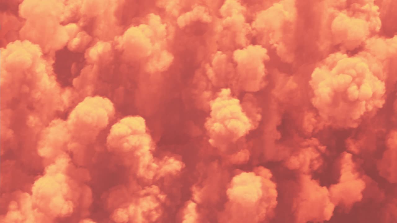 아름다운 일몰 (일출) 구름,  뷰, 끝없는 오렌지색 구름의 위를 날아가며 저녁 (아침) 태양 아래로 3d 애니메이션을 고 있습니다.