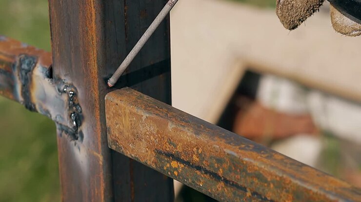 Nærbilde av håndverker som sveiser metallgjerde med verktøy ved et hus