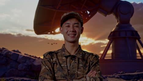 close up of asian man soldier smiling and crossing his arms while standing with satellite dish