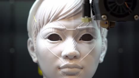 a robotic face in progress: a close-up of a 3d-printed humanlike head model with intricate details and textures being manufactured by advanced robotics technology