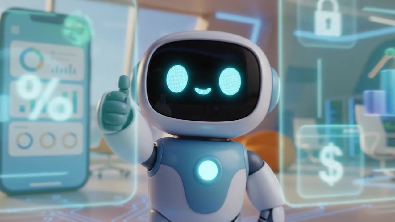 Cute small AI robot interacting with digital icons in a futuristic office environment