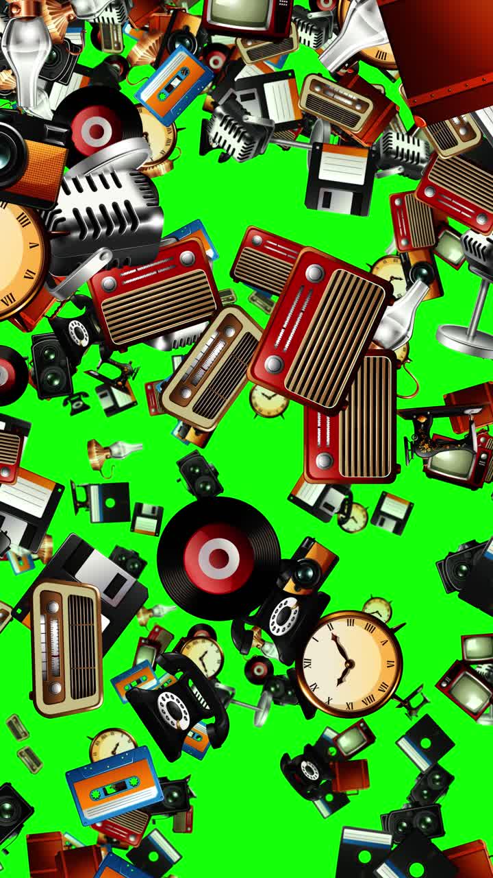 Radio vintage, cassette e floppy disk cadono a cascata su uno sfondo verde brillante.
