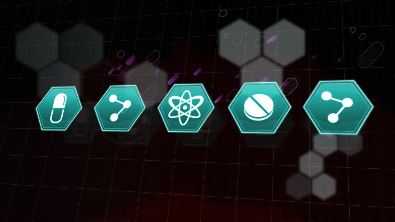 검은 바탕에 보라색 빛의 흔적에 대항하여 여러 의료 아이콘의 디지털 애니메이션